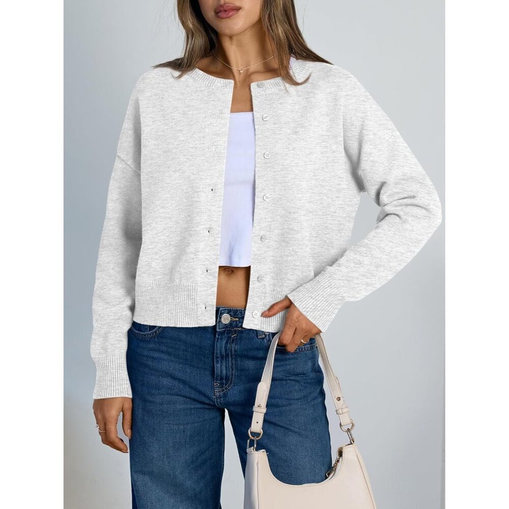 Women Cropped Cardigan Sweater Lightweight Knit Fall Casual Outfit - Picture 2 of 6